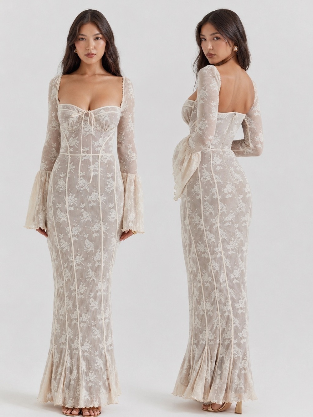House of CB 'Belle' Vintage Cream Floral Lace Bell Sleeve Maxi Dress XS